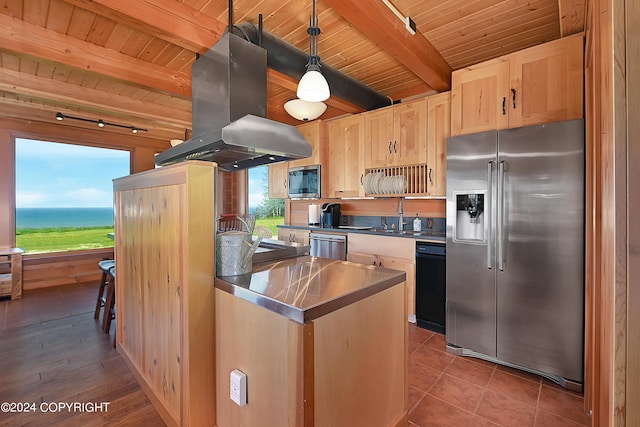 kitchen with stainless steel counters, a healthy amount of sunlight, hanging light fixtures, stainless steel appliances, and island exhaust hood