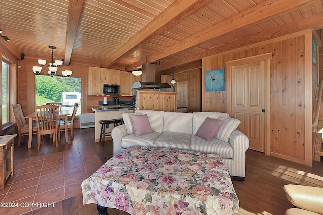 living room featuring beam ceiling, wooden walls, wooden ceiling, and an inviting chandelier