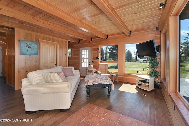 living room featuring beam ceiling, hardwood / wood-style flooring, wood ceiling, and wood walls