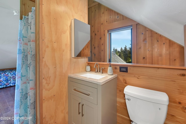 bathroom featuring vanity, wood walls, toilet, and lofted ceiling