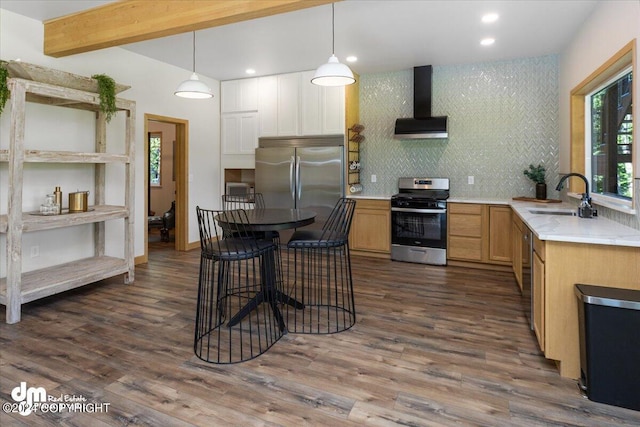 kitchen featuring hanging light fixtures, sink, tasteful backsplash, stainless steel appliances, and extractor fan