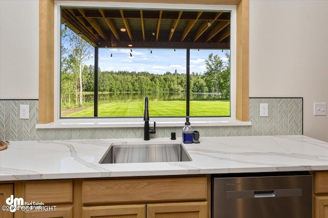 kitchen featuring light stone countertops, stainless steel dishwasher, a healthy amount of sunlight, and sink