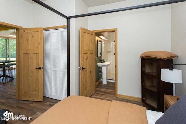 bedroom featuring ensuite bathroom, dark hardwood / wood-style flooring, sink, and a closet