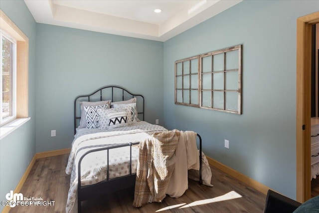 bedroom featuring dark hardwood / wood-style floors and a tray ceiling