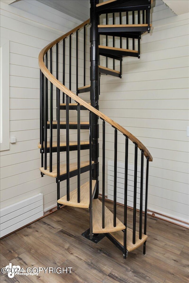 staircase featuring wood walls and wood-type flooring