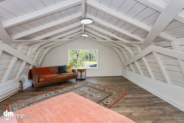 living area featuring vaulted ceiling with beams, dark hardwood / wood-style flooring, and wood ceiling