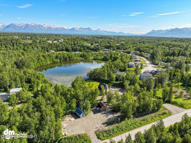 bird's eye view with a water and mountain view