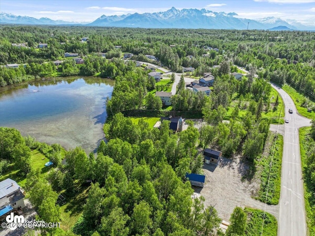 bird's eye view with a water and mountain view