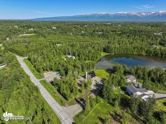 aerial view featuring a water and mountain view