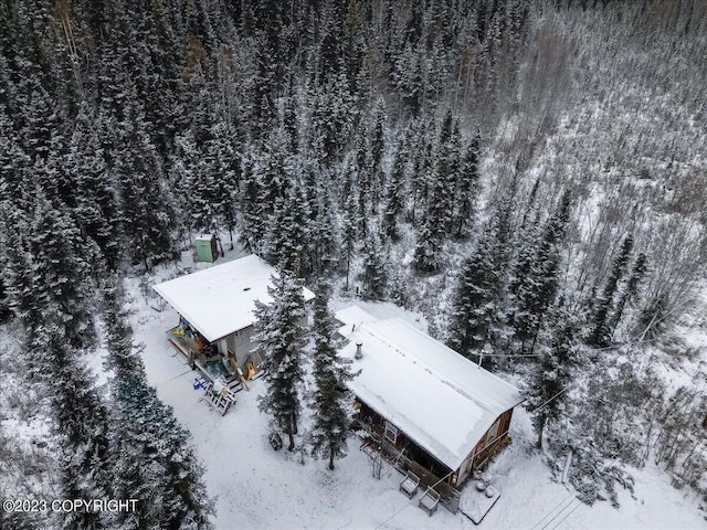 snowy aerial view featuring a view of trees