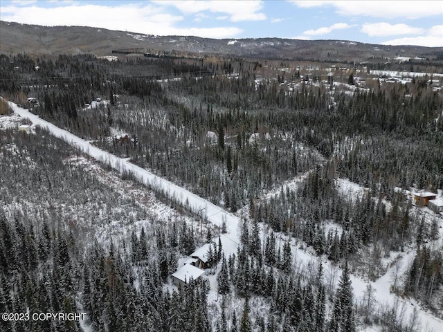 snowy aerial view with a mountain view and a forest view