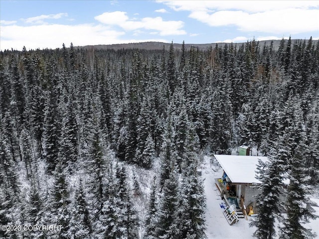 birds eye view of property featuring a forest view