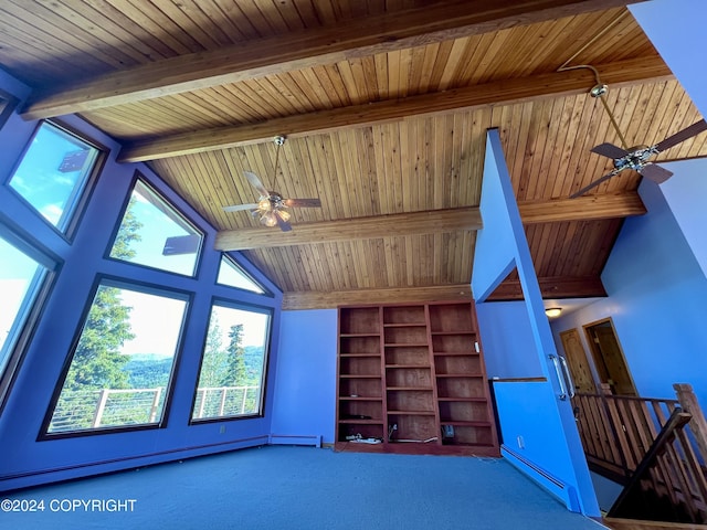 17041 Jacqueline Cir, Anchorage, AK 99516 - unfurnished living room with ceiling fan, a baseboard radiator, carpet floors, and wood ceiling