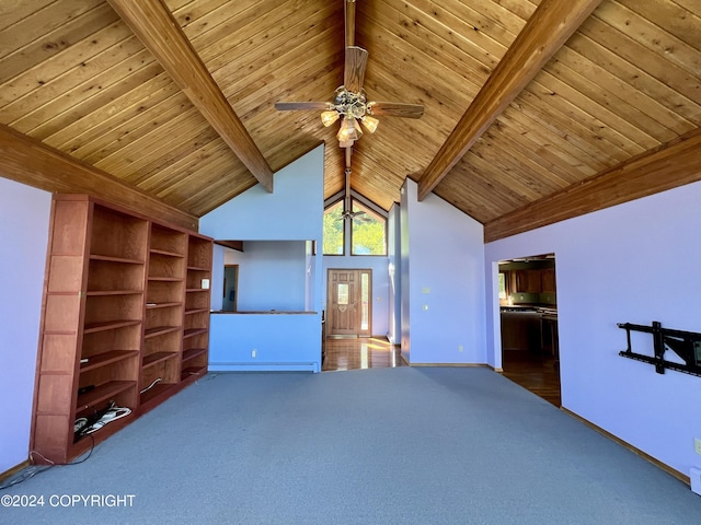 17041 Jacqueline Cir, Anchorage, AK 99516 - unfurnished living room with carpet, a ceiling fan, wood ceiling with exposed beams, baseboards, and high vaulted ceiling