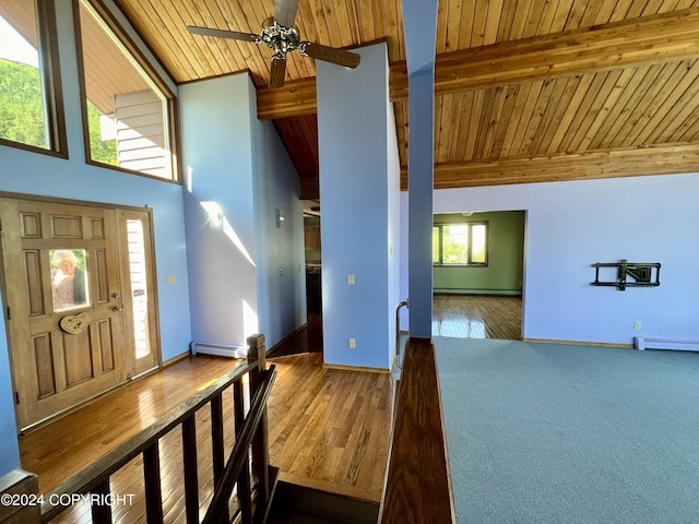 17041 Jacqueline Cir, Anchorage, AK 99516 - foyer entrance featuring a baseboard radiator, high vaulted ceiling, wood ceiling with exposed beams, ceiling fan, and a baseboard heating unit