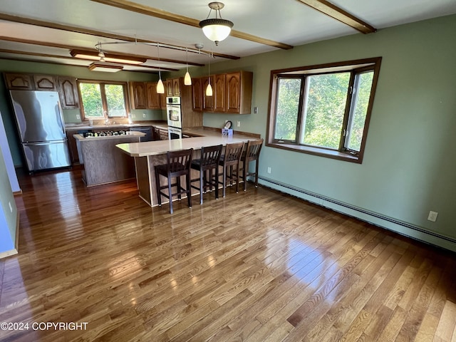 17041 Jacqueline Cir, Anchorage, AK 99516 - kitchen with stainless steel appliances, a baseboard heating unit, beam ceiling, dark wood-style floors, and a peninsula