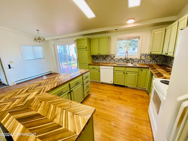 kitchen with white appliances, green cabinets, and a baseboard heating unit