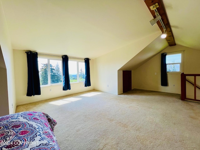 bedroom featuring track lighting, vaulted ceiling, and light colored carpet