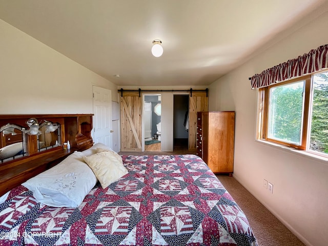 carpeted bedroom with a barn door