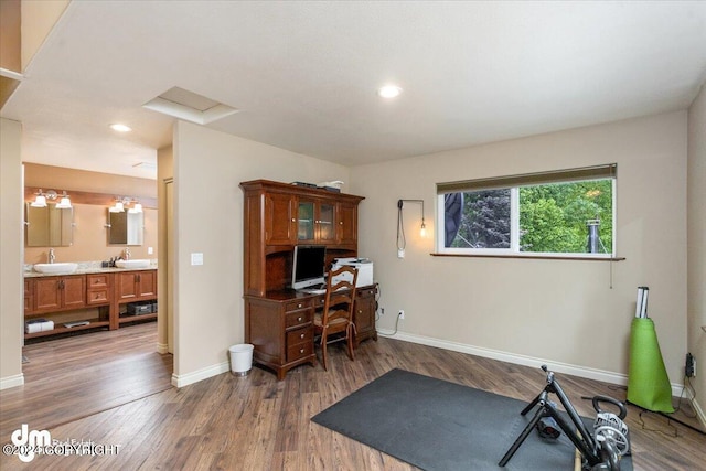 home office featuring dark hardwood / wood-style floors