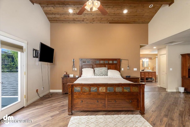 bedroom with hardwood / wood-style floors, access to outside, and wooden ceiling