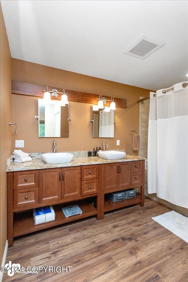 bathroom with wood-type flooring and vanity