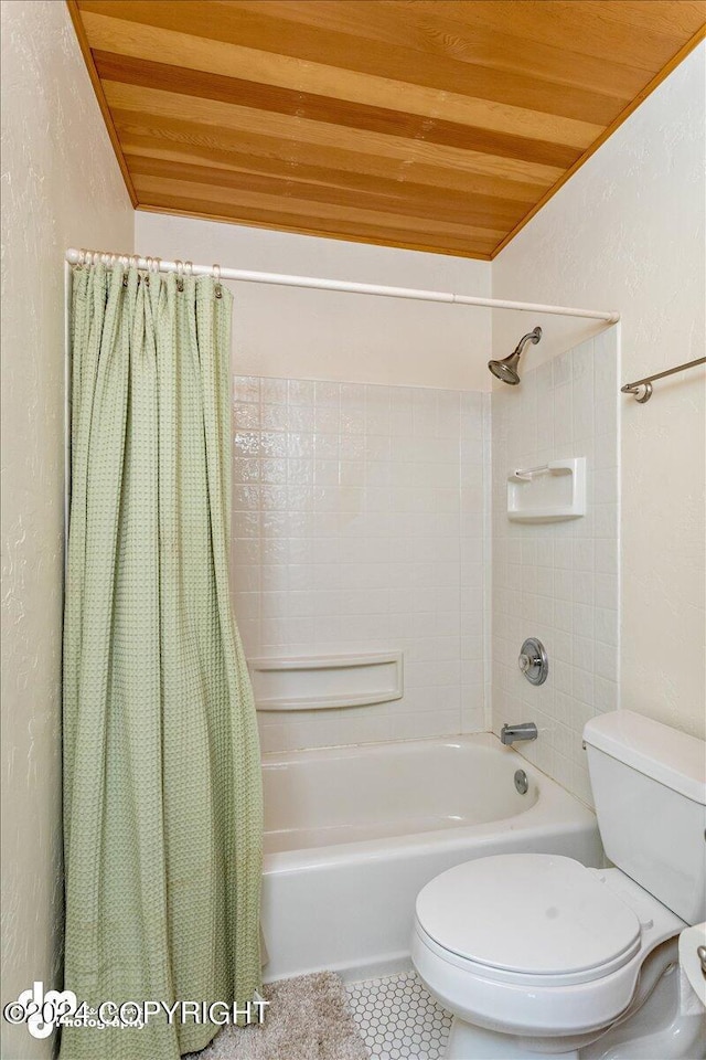 bathroom featuring shower / tub combo with curtain, toilet, tile patterned flooring, and wooden ceiling