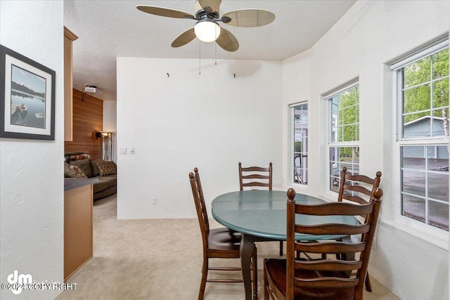 carpeted dining area featuring wooden walls and ceiling fan