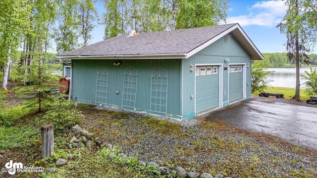 garage with a water view