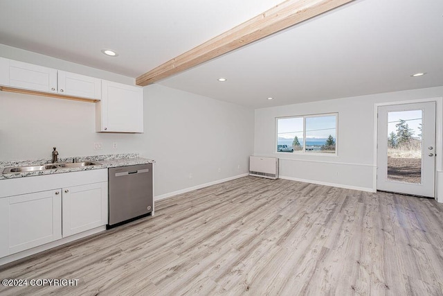 kitchen featuring dishwasher, light hardwood / wood-style floors, white cabinetry, beamed ceiling, and sink