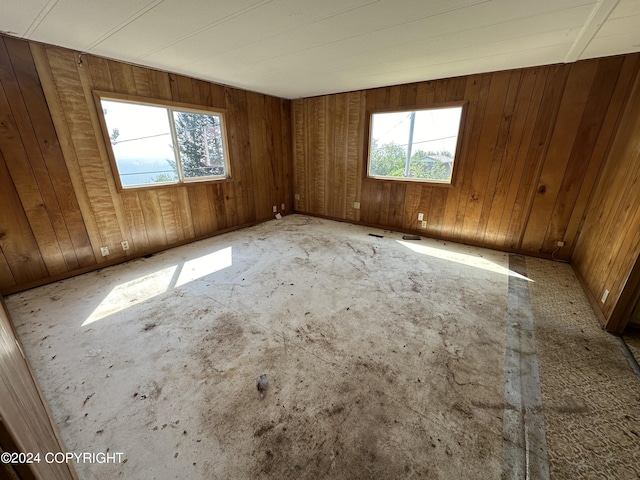 unfurnished room featuring wood walls