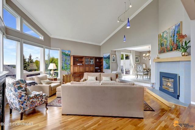 18706 Petrel Cir, Anchorage, AK 99516 - living room featuring high vaulted ceiling, a fireplace, crown molding, a chandelier, and light wood-style flooring