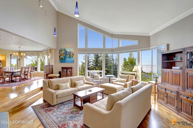 18706 Petrel Cir, Anchorage, AK 99516 - living area featuring ornamental molding, a chandelier, wood finished floors, and a high ceiling