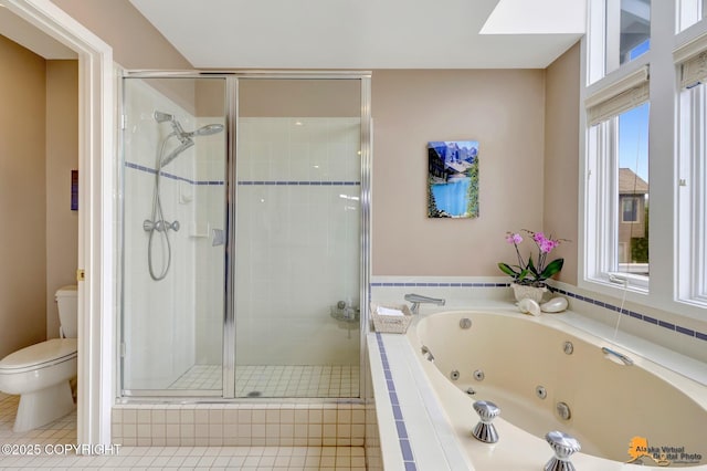 18706 Petrel Cir, Anchorage, AK 99516 - bathroom with toilet, a jetted tub, a shower stall, and tile patterned floors