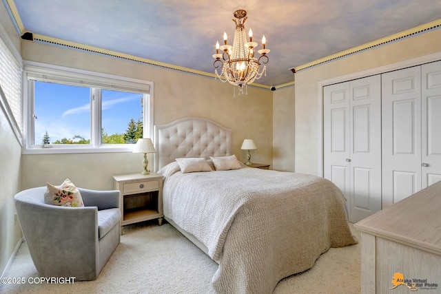 18706 Petrel Cir, Anchorage, AK 99516 - bedroom featuring a chandelier, a closet, and carpet floors