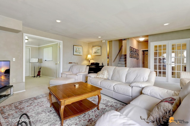 18706 Petrel Cir, Anchorage, AK 99516 - carpeted living area with stairs, recessed lighting, french doors, and baseboards