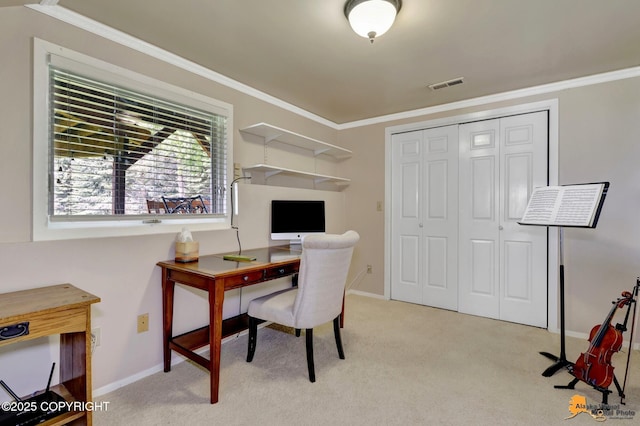 18706 Petrel Cir, Anchorage, AK 99516 - home office featuring light colored carpet, crown molding, and baseboards