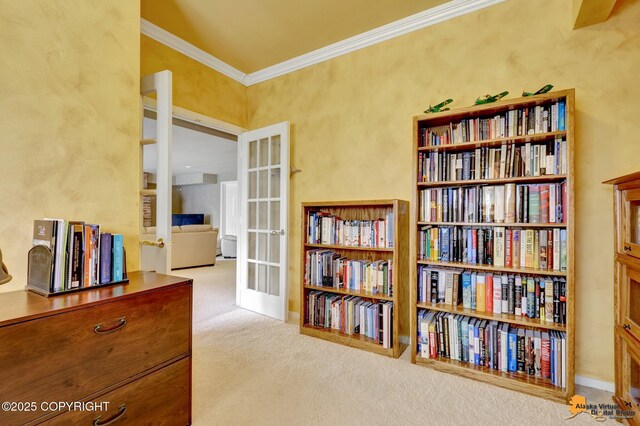 18706 Petrel Cir, Anchorage, AK 99516 - living area with french doors, crown molding, carpet floors, and baseboards