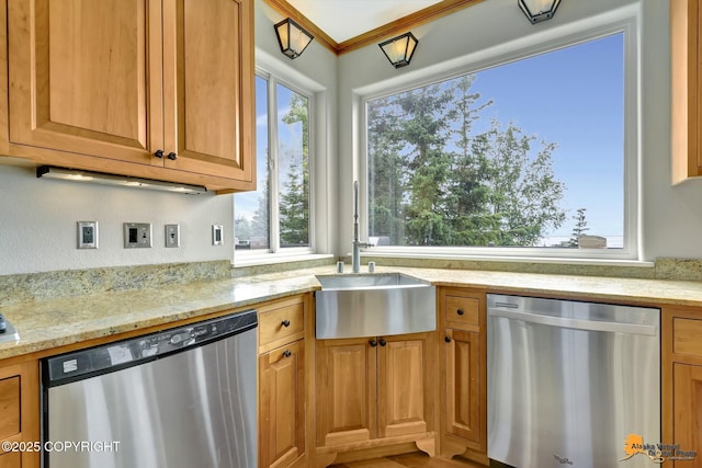 16268 Noble Point Dr, Anchorage, AK 99516 - kitchen with dishwasher, light stone countertops, ornamental molding, and brown cabinetry