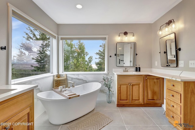 16268 Noble Point Dr, Anchorage, AK 99516 - bathroom with vanity, a freestanding bath, and tile patterned floors