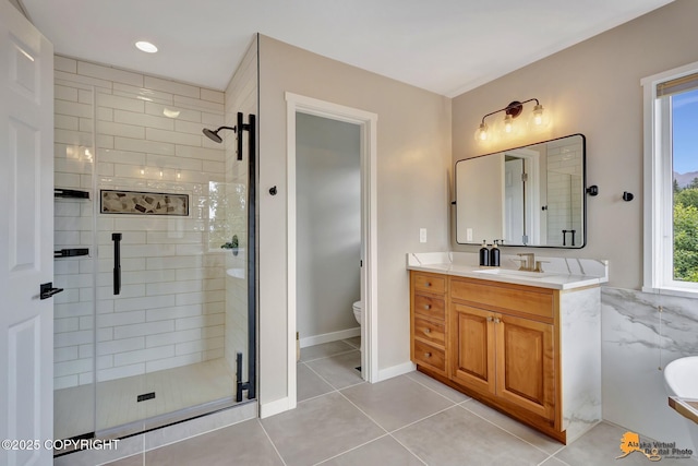 16268 Noble Point Dr, Anchorage, AK 99516 - full bath with a stall shower, vanity, and tile patterned flooring