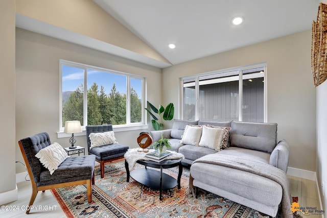 living room featuring hardwood / wood-style flooring and vaulted ceiling