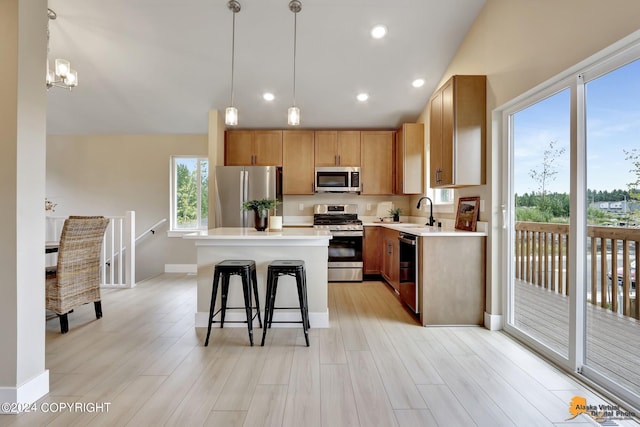 kitchen with hanging light fixtures, stainless steel appliances, light hardwood / wood-style floors, sink, and a kitchen island