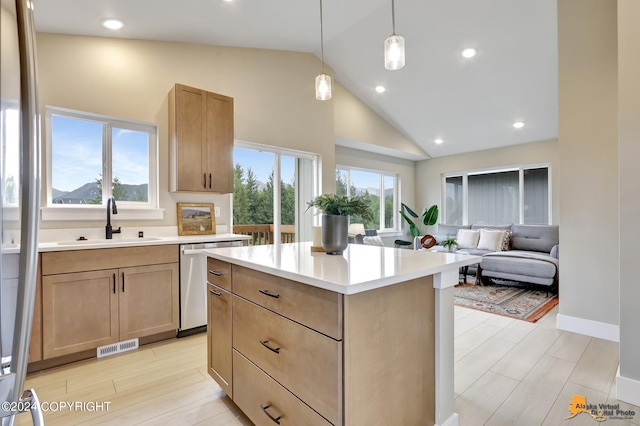 kitchen with light countertops, stainless steel dishwasher, a sink, and a healthy amount of sunlight