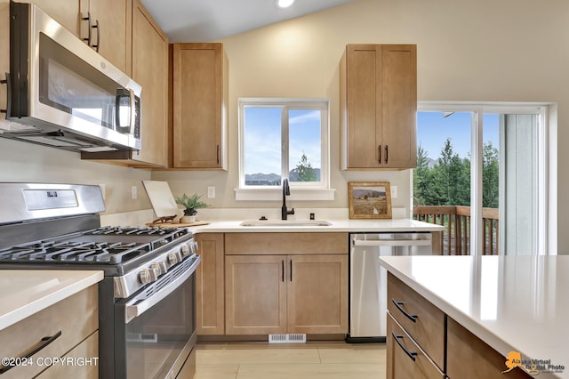 kitchen with lofted ceiling, stainless steel appliances, and sink