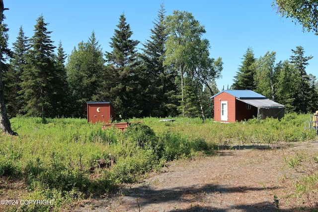 view of yard featuring a storage shed