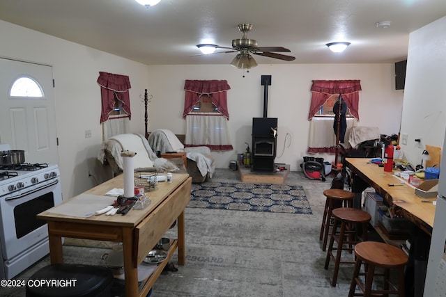 living room with a workshop area and ceiling fan