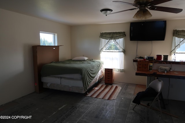 bedroom featuring multiple windows, ceiling fan, and dark wood-type flooring