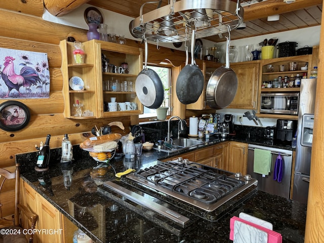 34335 Keystone Dr, Soldotna, AK 99669 - kitchen featuring open shelves, stainless steel appliances, and dark stone countertops