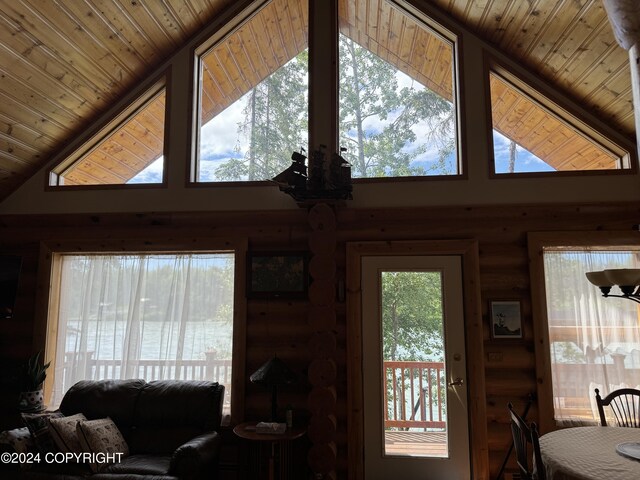 34335 Keystone Dr, Soldotna, AK 99669 - living area featuring rustic walls, high vaulted ceiling, and wooden ceiling